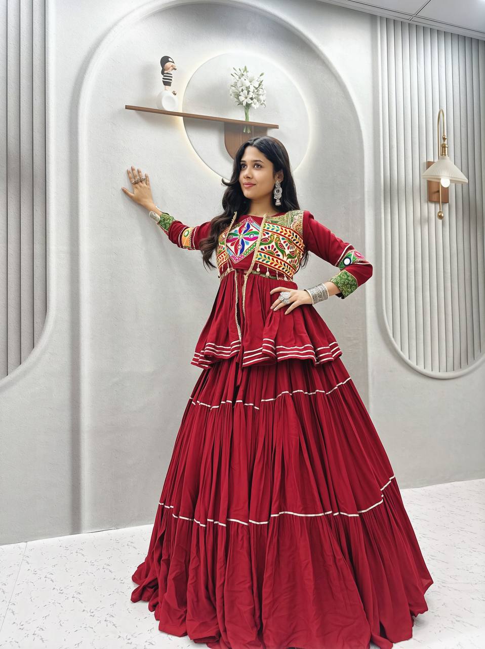 Wine Red Navratri Gamthi Work Cotton Lehenga Choli with Koti