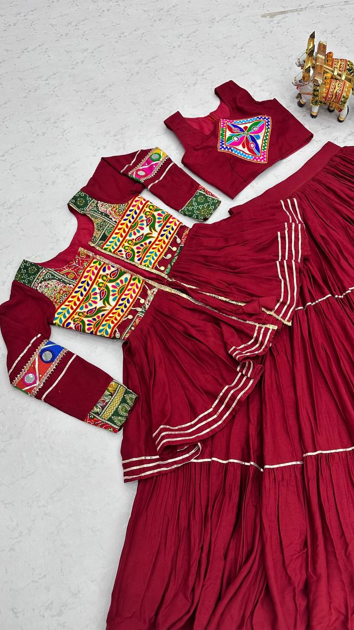 Wine Red Navratri Gamthi Work Cotton Lehenga Choli with Koti