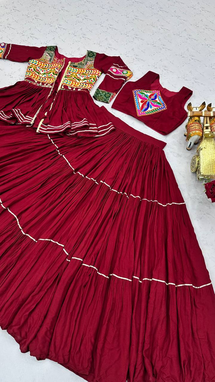 Wine Red Navratri Gamthi Work Cotton Lehenga Choli with Koti