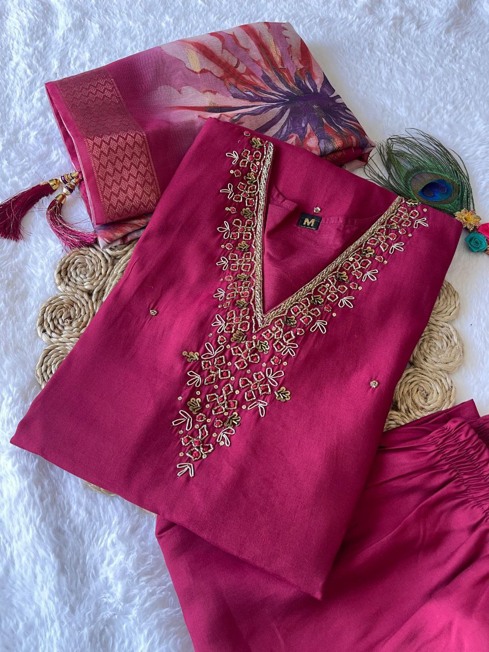 Cherry Pink Rakhi Special Kurta Pant Dupatta Set