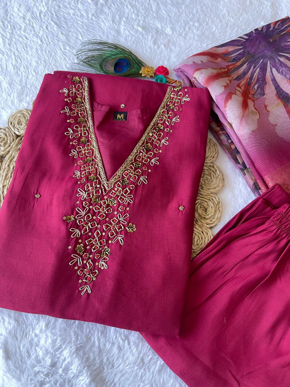 Cherry Pink Rakhi Special Kurta Pant Dupatta Set