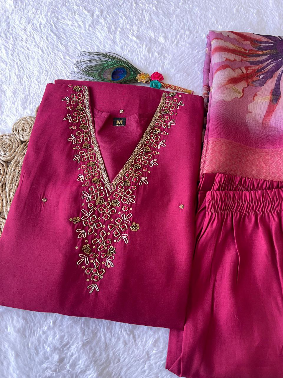 Cherry Pink Rakhi Special Kurta Pant Dupatta Set