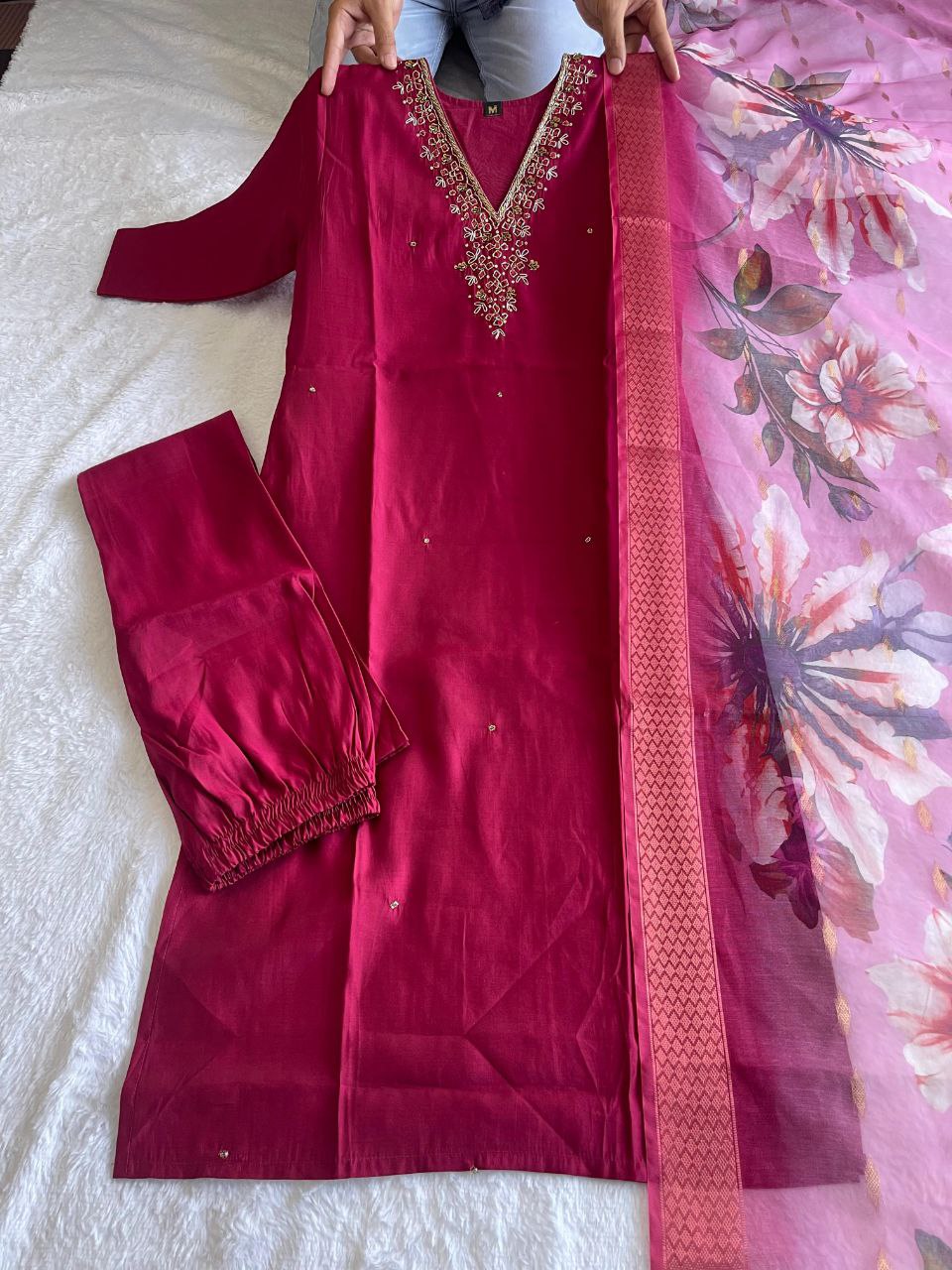 Cherry Pink Rakhi Special Kurta Pant Dupatta Set