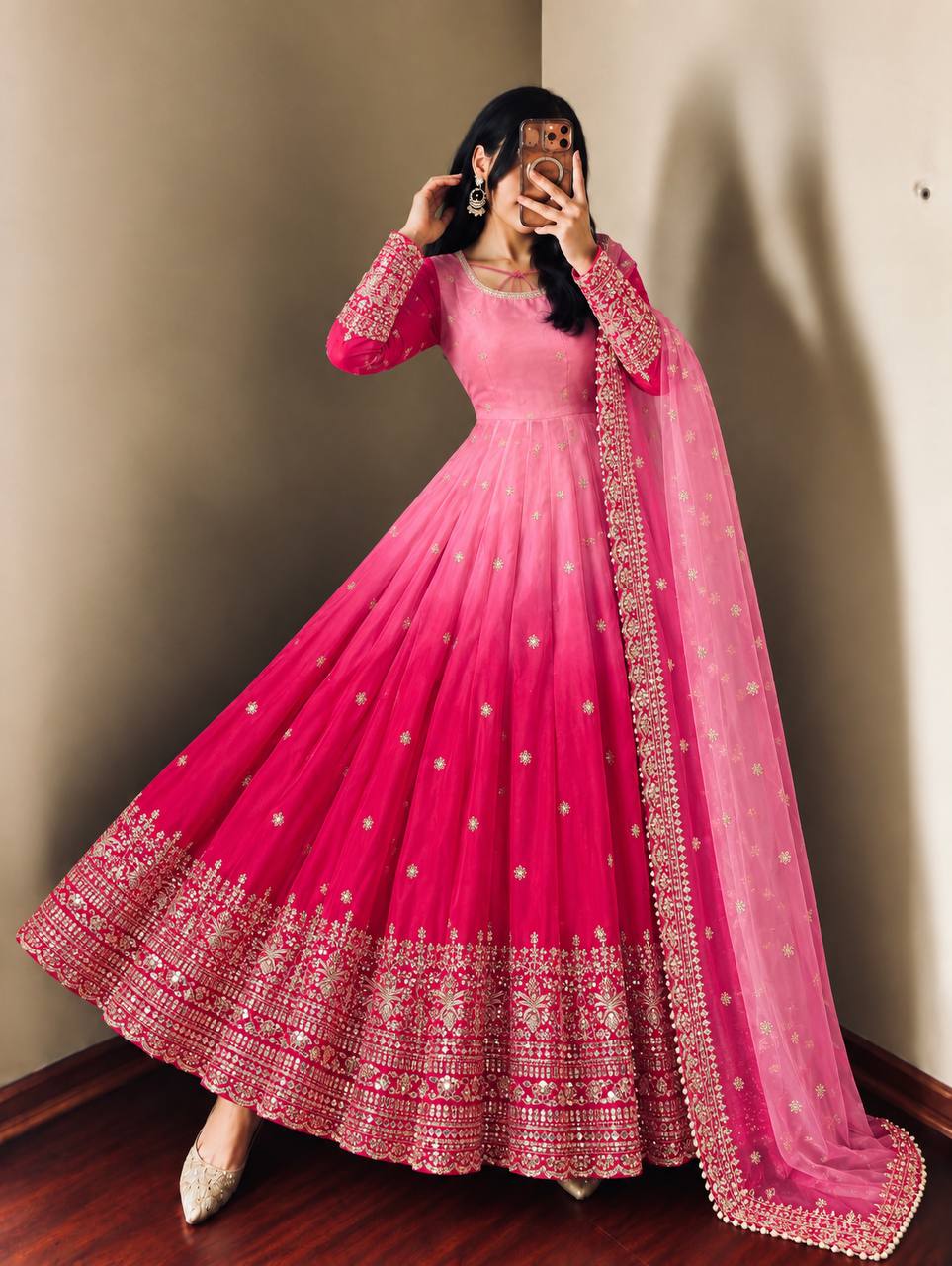 Rani Pink Georgette Embroidered Anarkali Gown Set with Dupatta