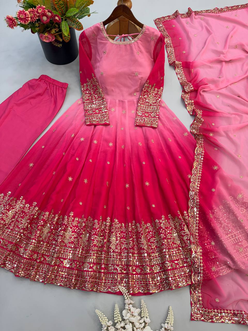 Rani Pink Georgette Embroidered Anarkali Gown Set with Dupatta