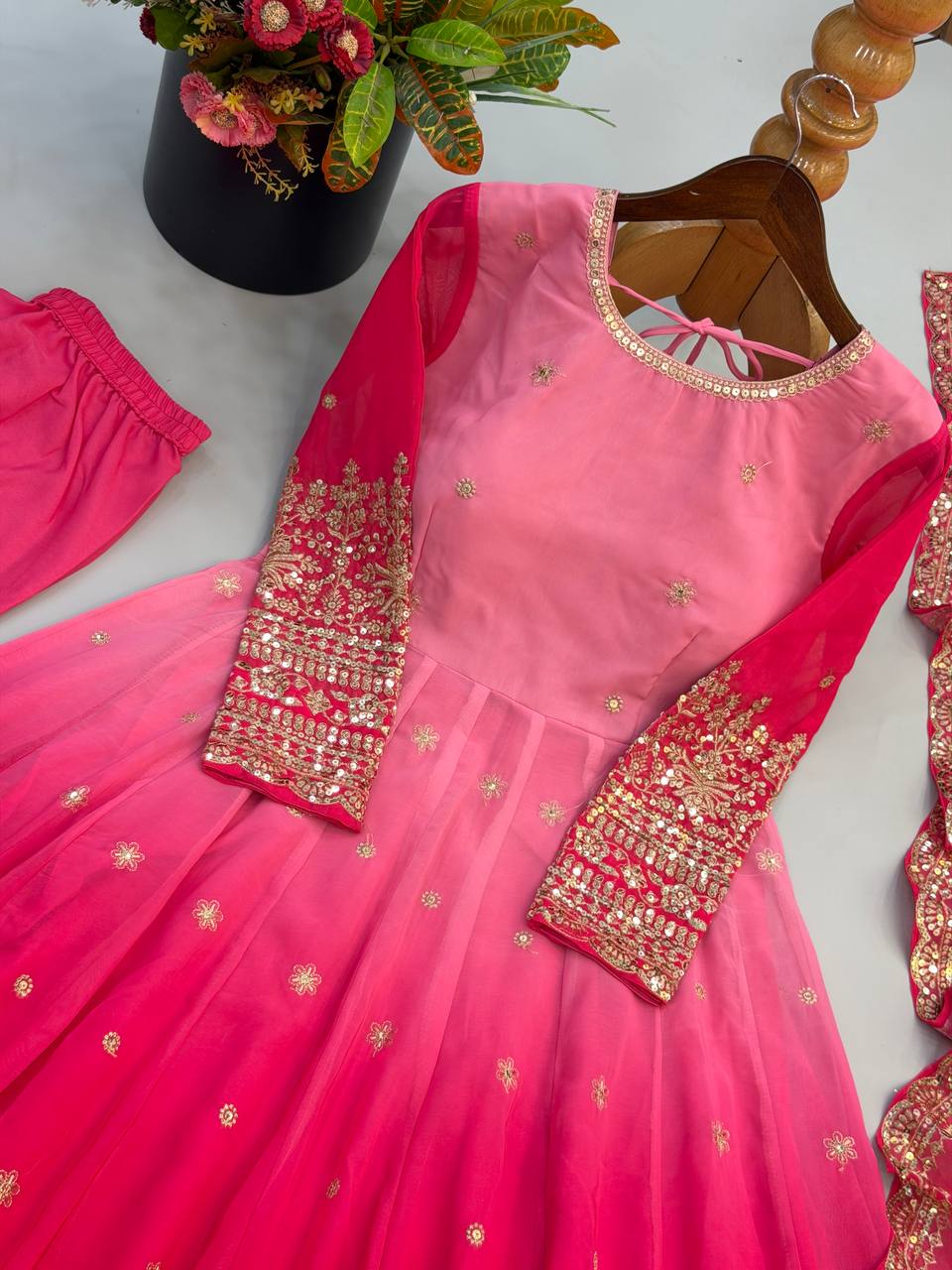 Rani Pink Georgette Embroidered Anarkali Gown Set with Dupatta