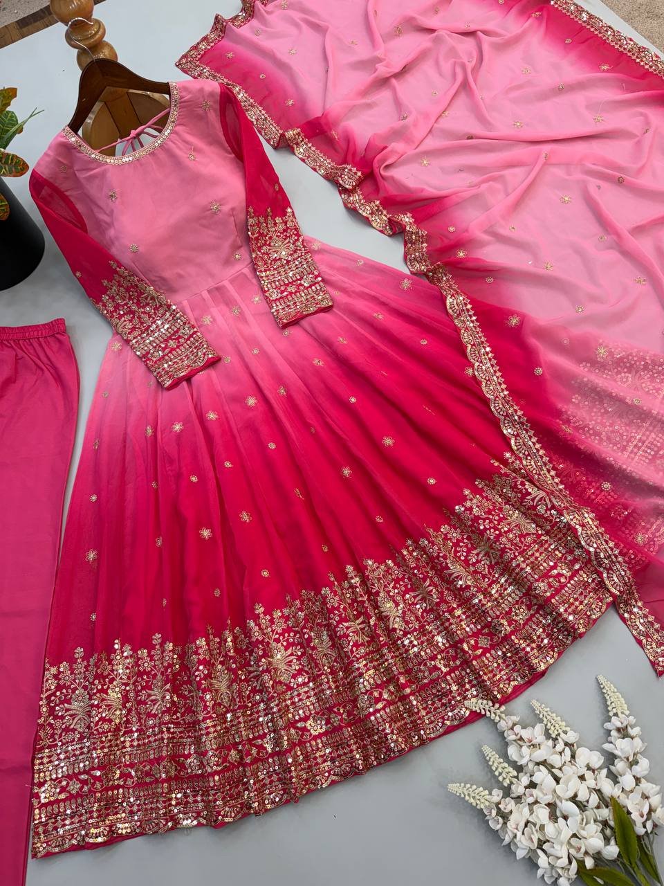Rani Pink Georgette Embroidered Anarkali Gown Set with Dupatta