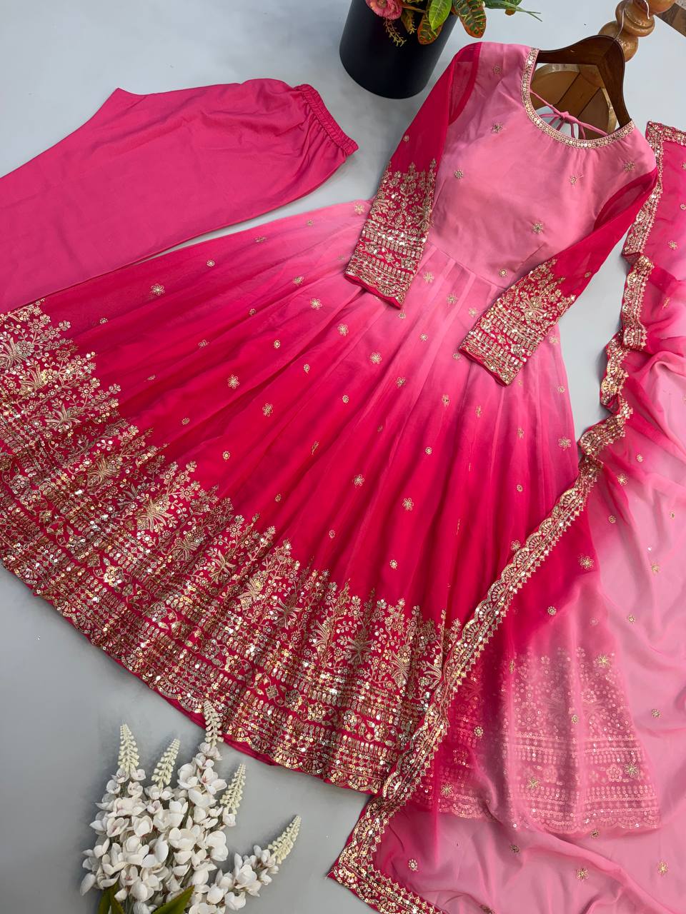 Rani Pink Georgette Embroidered Anarkali Gown Set with Dupatta