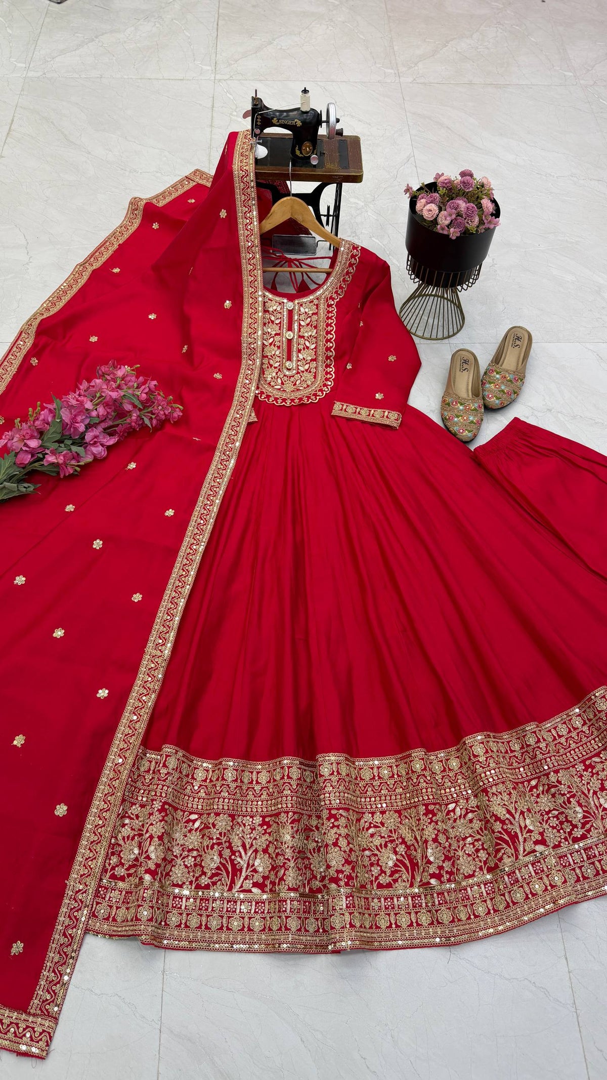 Red Heavy Roman Silk Coding Sequin Embroidered Anarkali Gown Set with Dupatta