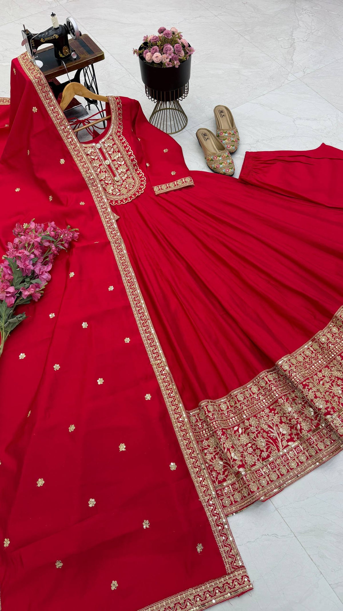 Red Heavy Roman Silk Coding Sequin Embroidered Anarkali Gown Set with Dupatta