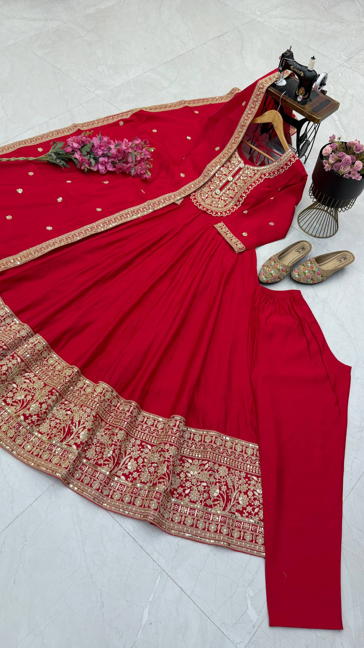 Red Heavy Roman Silk Coding Sequin Embroidered Anarkali Gown Set with Dupatta