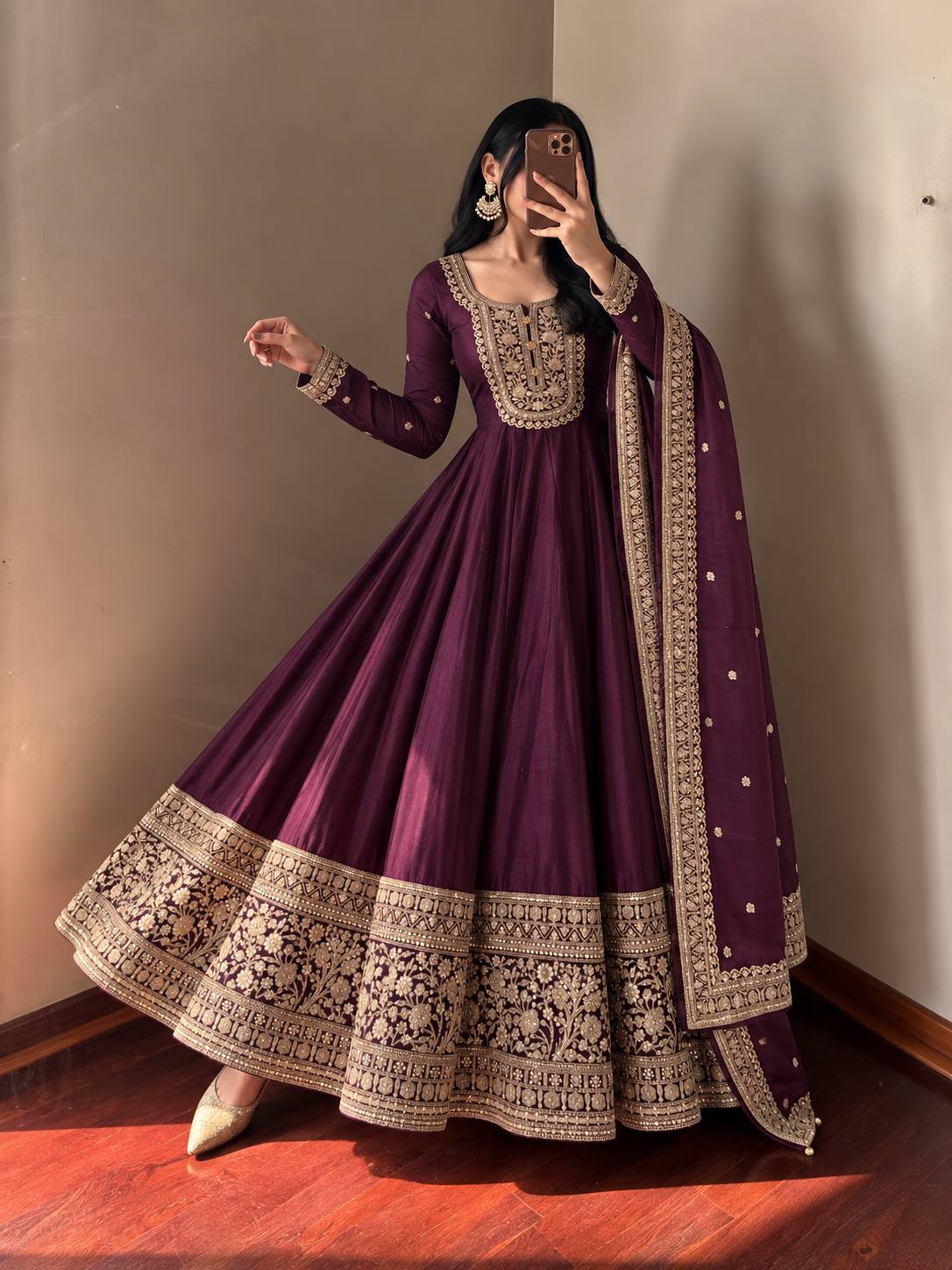 Wine Purple Heavy Roman Silk Coding Sequin Embroidered Anarkali Gown Set with Dupatta