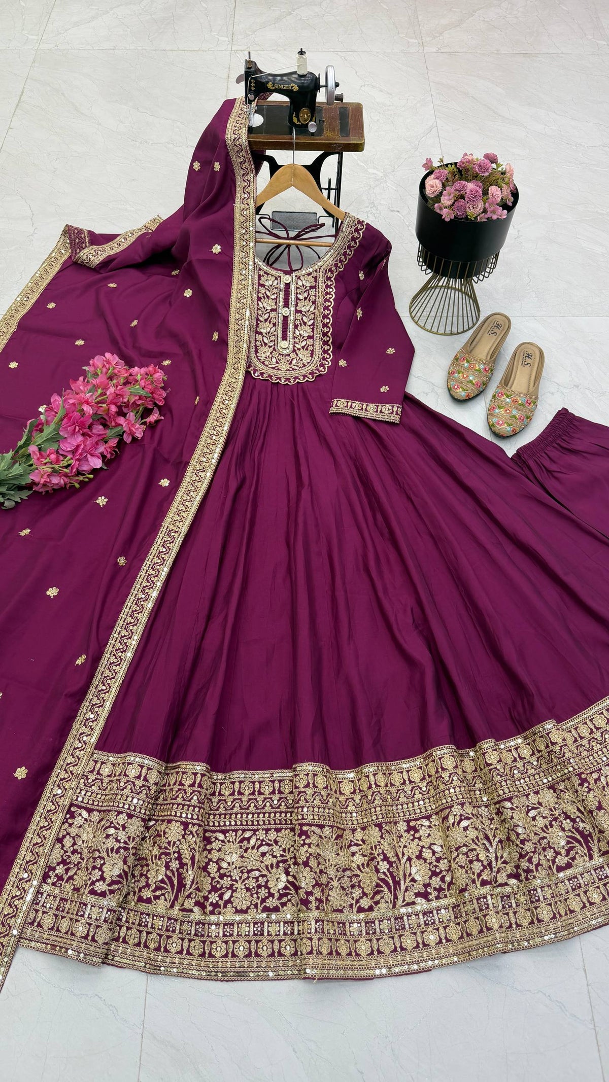 Wine Purple Heavy Roman Silk Coding Sequin Embroidered Anarkali Gown Set with Dupatta