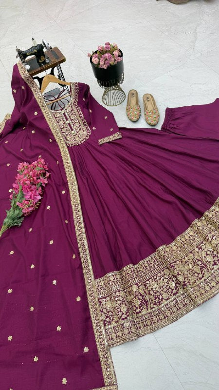 Wine Purple Heavy Roman Silk Coding Sequin Embroidered Anarkali Gown Set with Dupatta