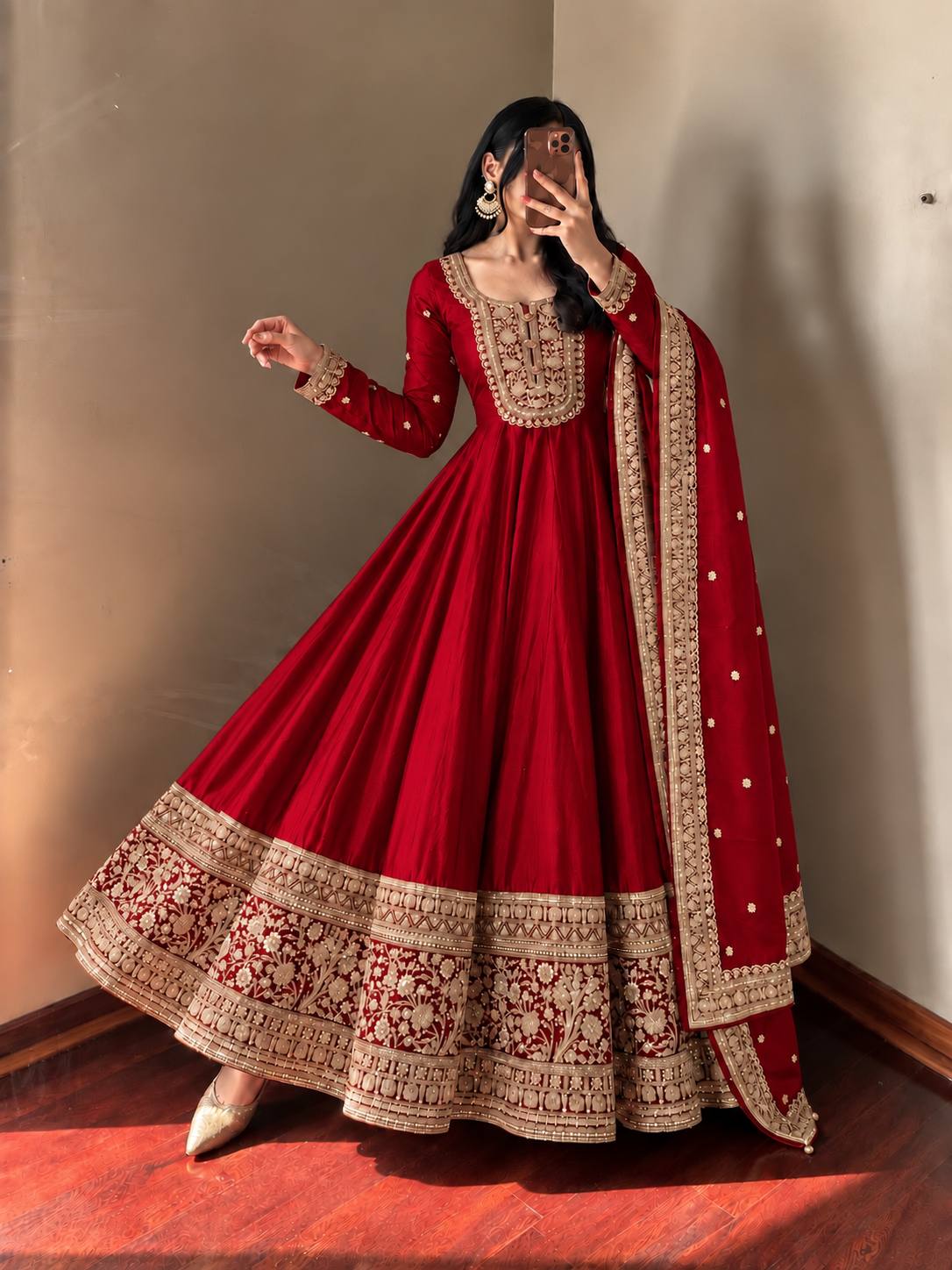 Red Heavy Roman Silk Coding Sequin Embroidered Anarkali Gown Set with Dupatta
