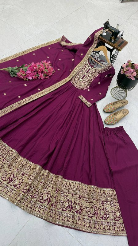 Wine Purple Heavy Roman Silk Coding Sequin Embroidered Anarkali Gown Set with Dupatta