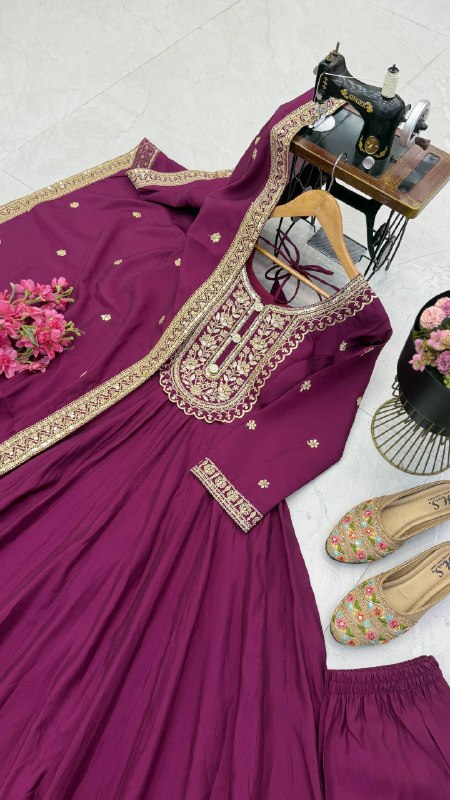 Wine Purple Heavy Roman Silk Coding Sequin Embroidered Anarkali Gown Set with Dupatta