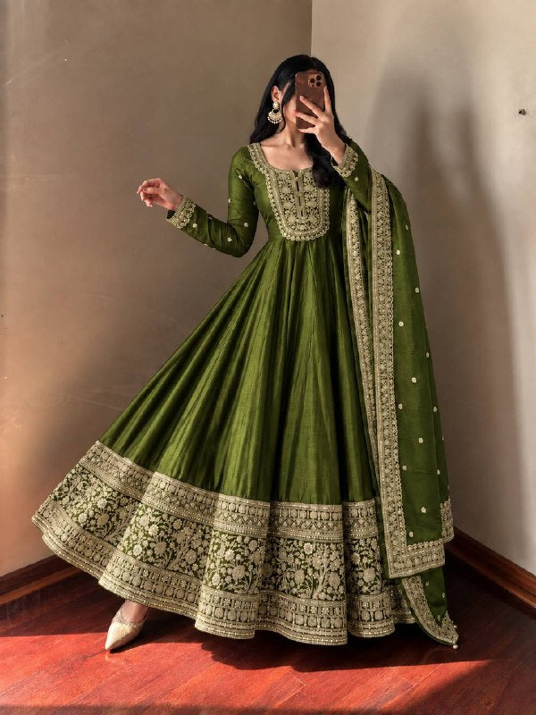 Bottle Green Heavy Roman Silk Coding Sequin Embroidered Anarkali Gown Set with Dupatta