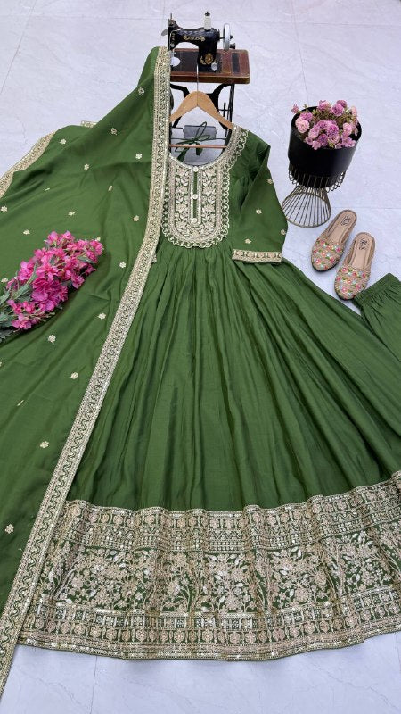 Bottle Green Heavy Roman Silk Coding Sequin Embroidered Anarkali Gown Set with Dupatta