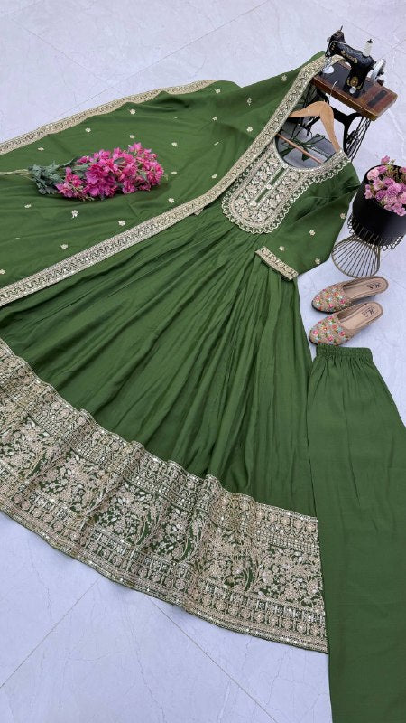 Bottle Green Heavy Roman Silk Coding Sequin Embroidered Anarkali Gown Set with Dupatta