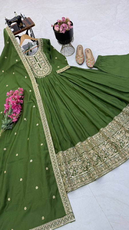 Bottle Green Heavy Roman Silk Coding Sequin Embroidered Anarkali Gown Set with Dupatta