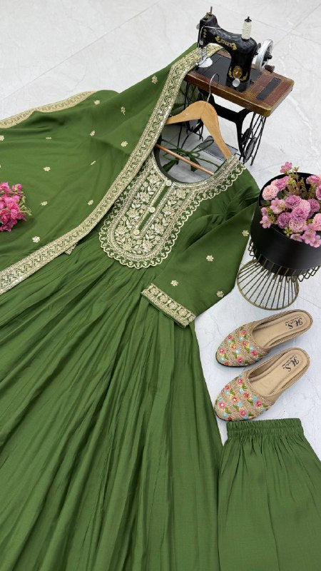 Bottle Green Heavy Roman Silk Coding Sequin Embroidered Anarkali Gown Set with Dupatta
