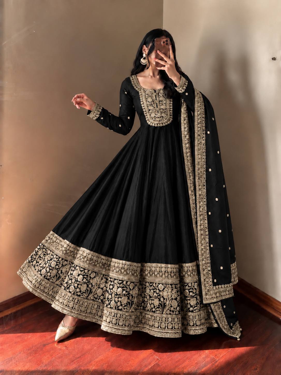 Black Heavy Roman Silk Coding Sequin Embroidered Anarkali Gown Set with Dupatta
