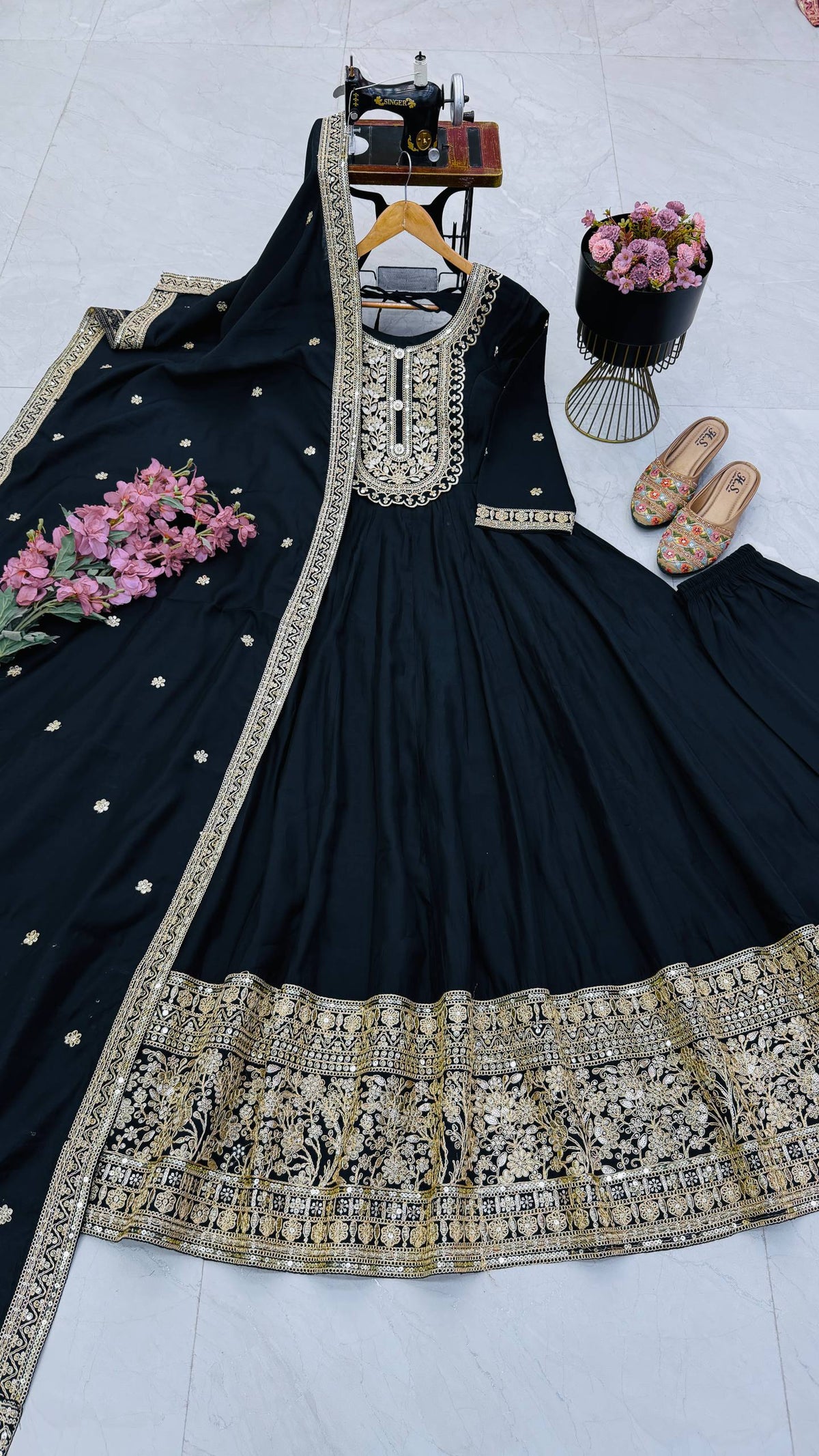 Black Heavy Roman Silk Coding Sequin Embroidered Anarkali Gown Set with Dupatta