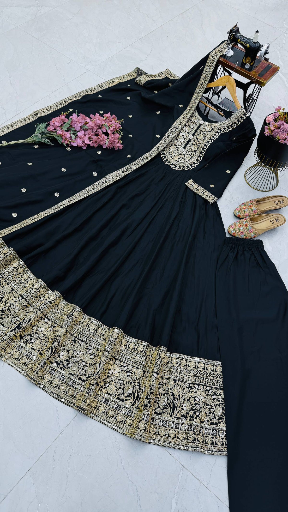 Black Heavy Roman Silk Coding Sequin Embroidered Anarkali Gown Set with Dupatta