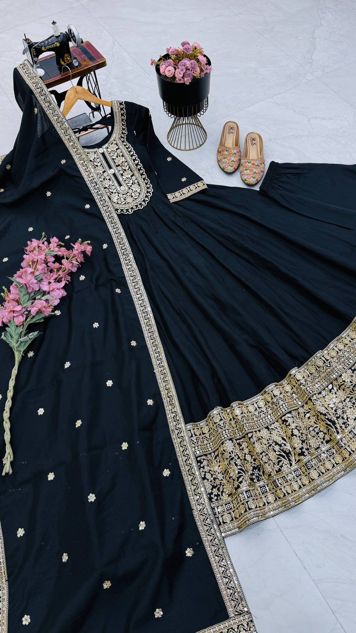 Black Heavy Roman Silk Coding Sequin Embroidered Anarkali Gown Set with Dupatta