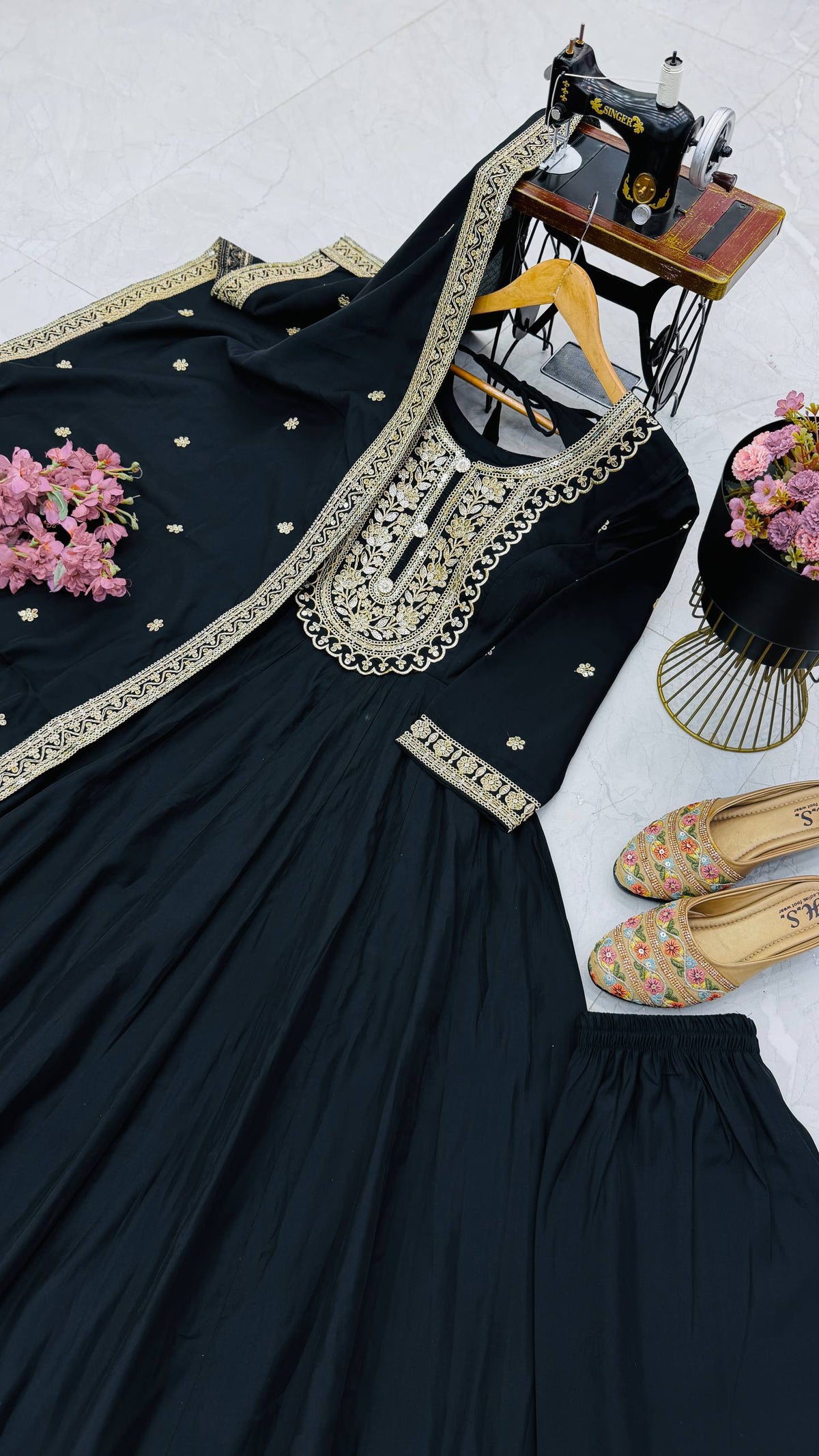 Black Heavy Roman Silk Coding Sequin Embroidered Anarkali Gown Set with Dupatta