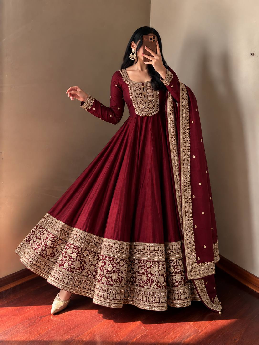 Wine Heavy Roman Silk Coding Sequin Embroidered Anarkali Gown Set with Dupatta