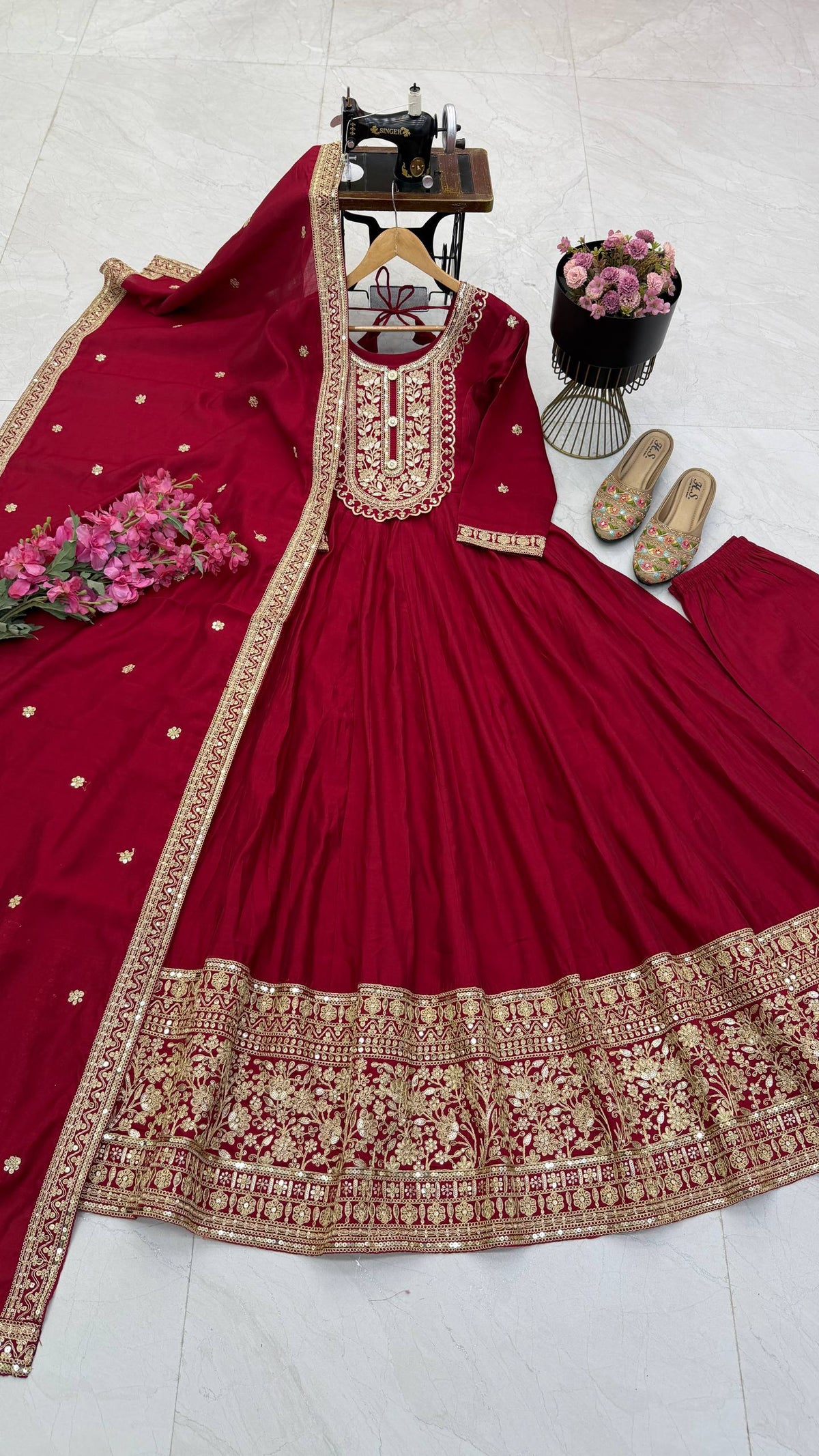 Wine Heavy Roman Silk Coding Sequin Embroidered Anarkali Gown Set with Dupatta