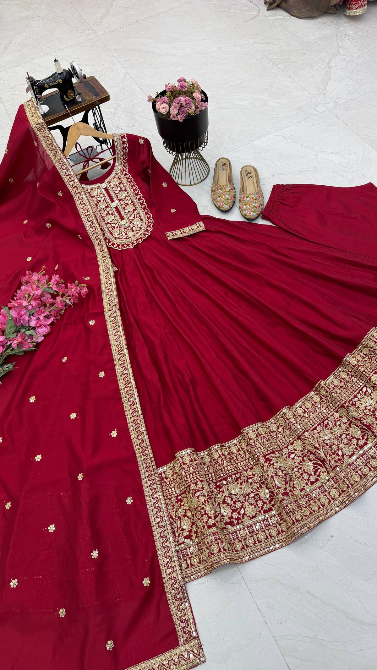 Wine Heavy Roman Silk Coding Sequin Embroidered Anarkali Gown Set with Dupatta