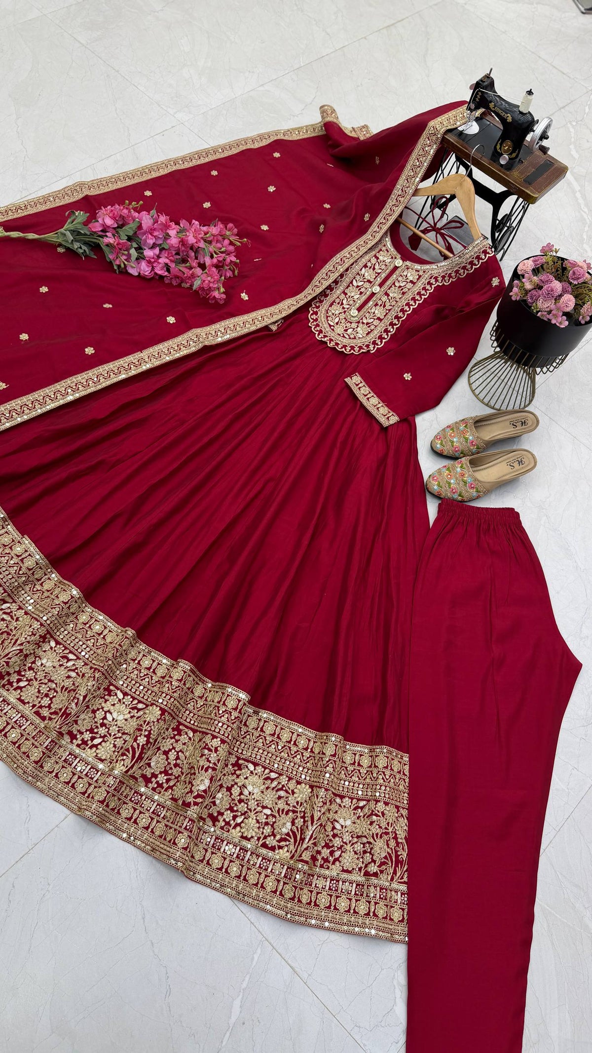 Wine Heavy Roman Silk Coding Sequin Embroidered Anarkali Gown Set with Dupatta