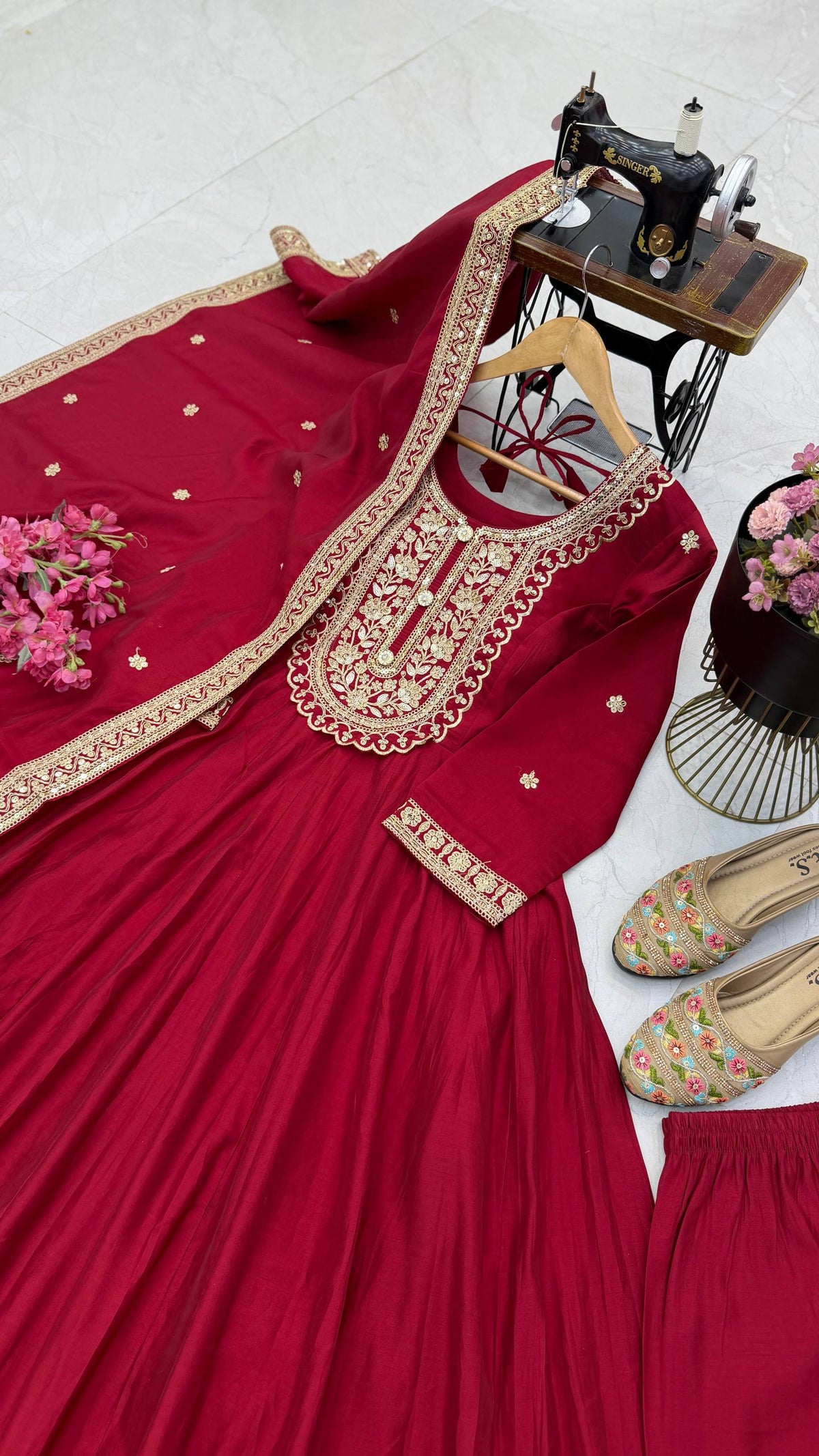 Wine Heavy Roman Silk Coding Sequin Embroidered Anarkali Gown Set with Dupatta