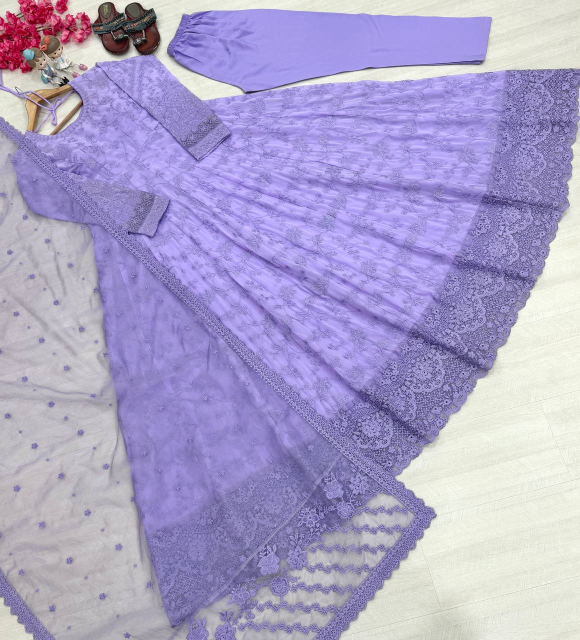 Lavender Embroidered Faux Georgette Anarkali Gown Set with Organza Dupatta