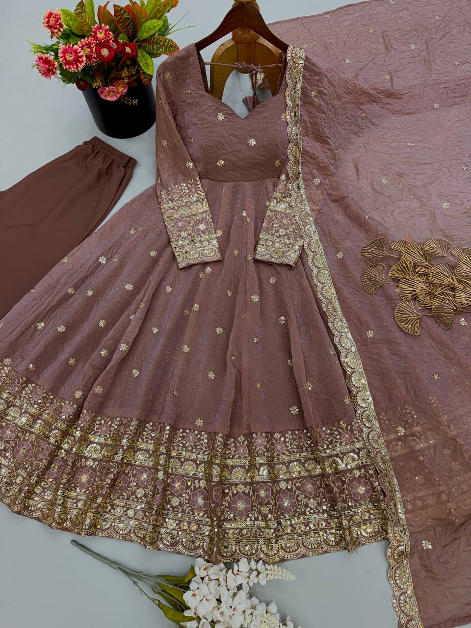 Mauve Pink Fendy Crush Embroidered Anarkali Gown Set with Dupatta