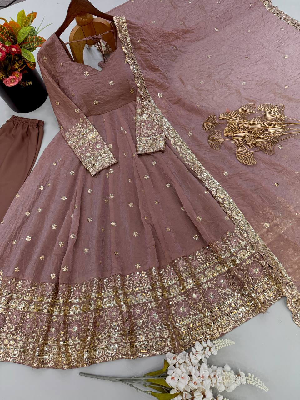 Mauve Pink Fendy Crush Embroidered Anarkali Gown Set with Dupatta