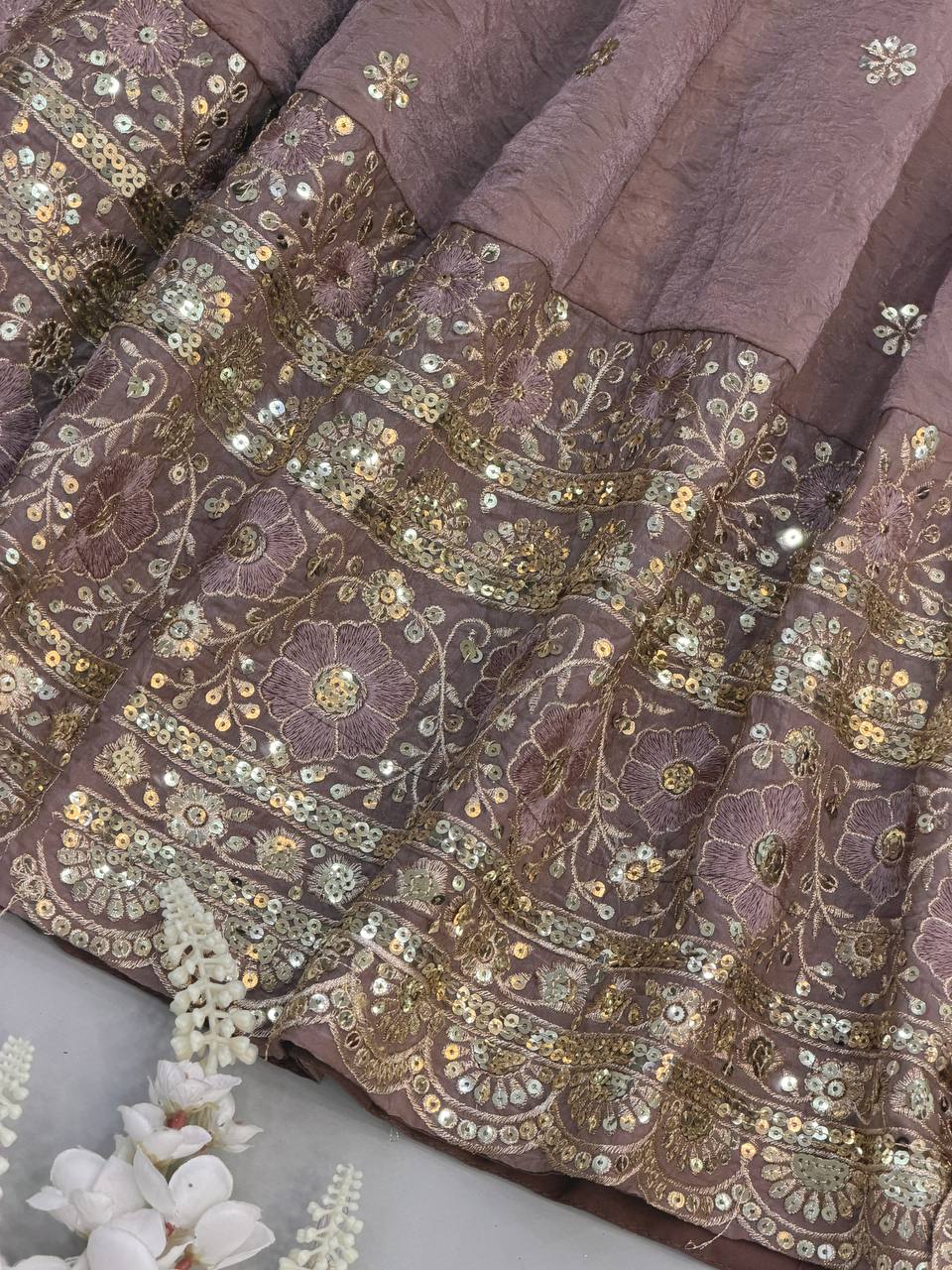 Mauve Pink Fendy Crush Embroidered Anarkali Gown Set with Dupatta