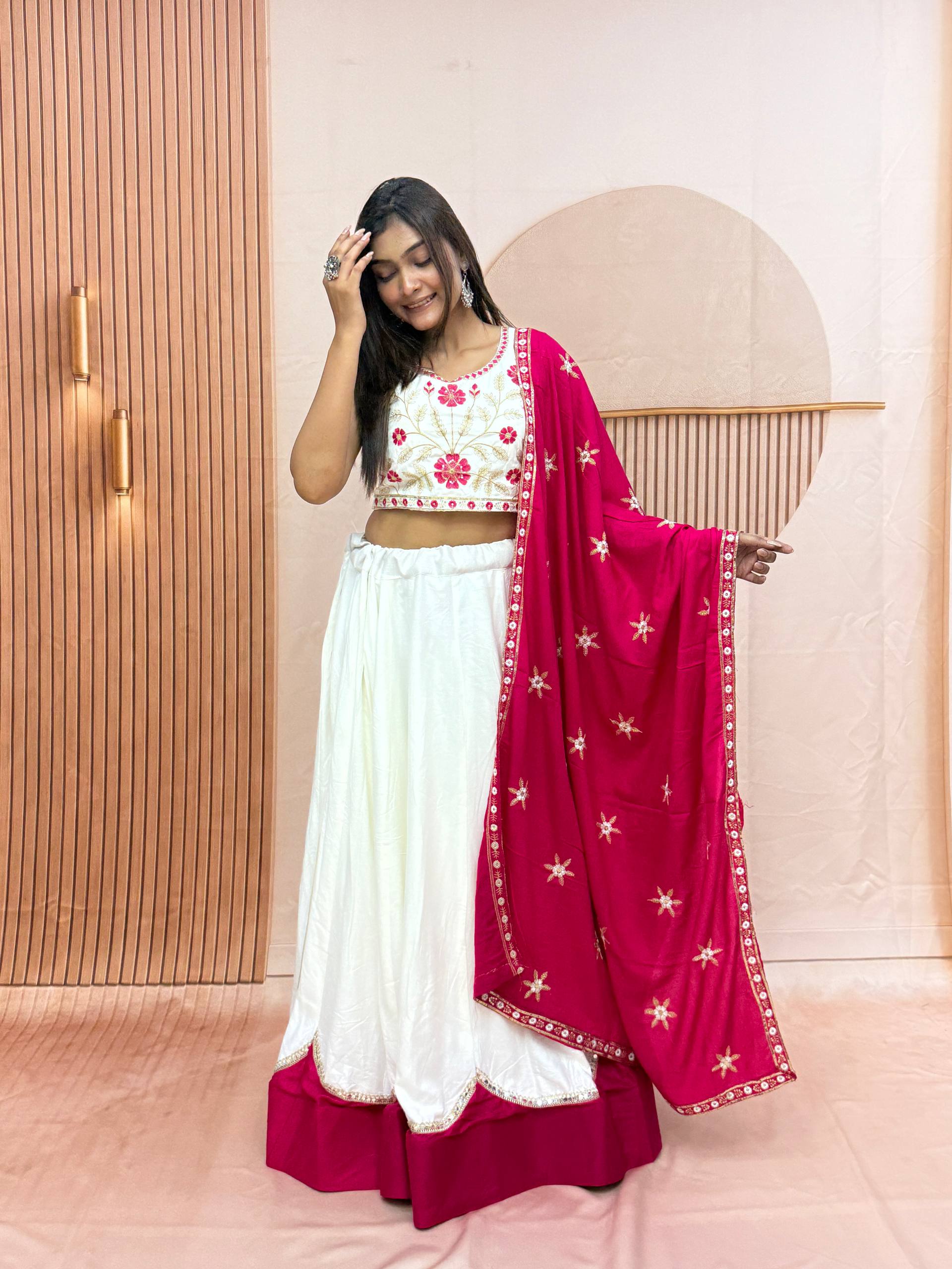 White & Rani Pink Cotton Lehenga Choli Set with Embroidered Dupatta