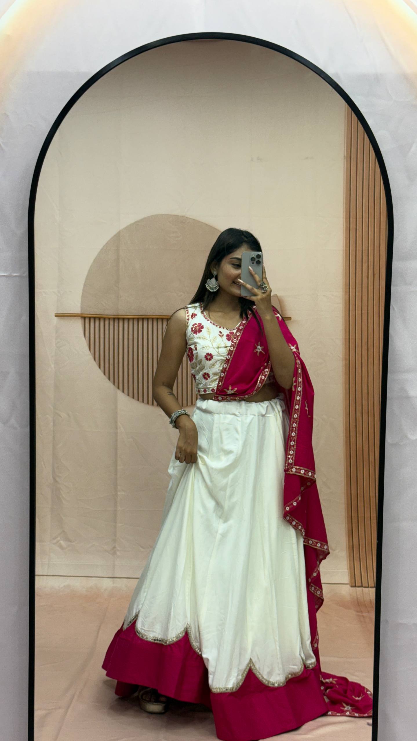 White & Rani Pink Cotton Lehenga Choli Set with Embroidered Dupatta