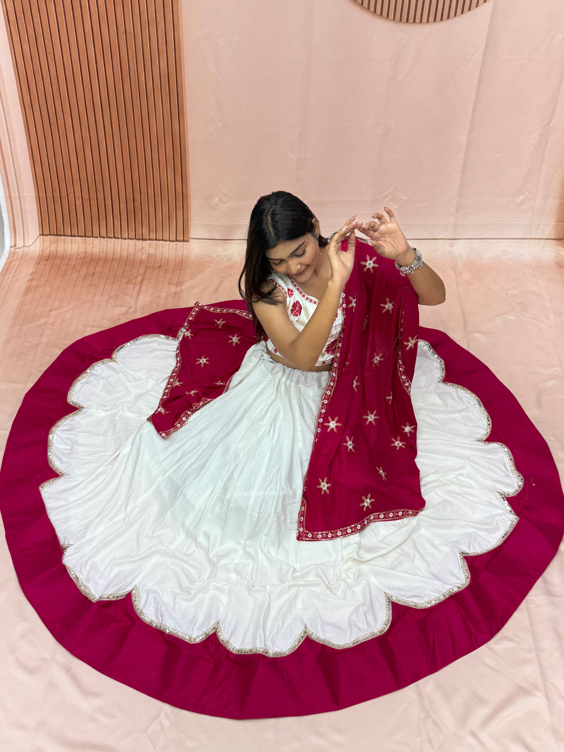 White & Rani Pink Cotton Lehenga Choli Set with Embroidered Dupatta