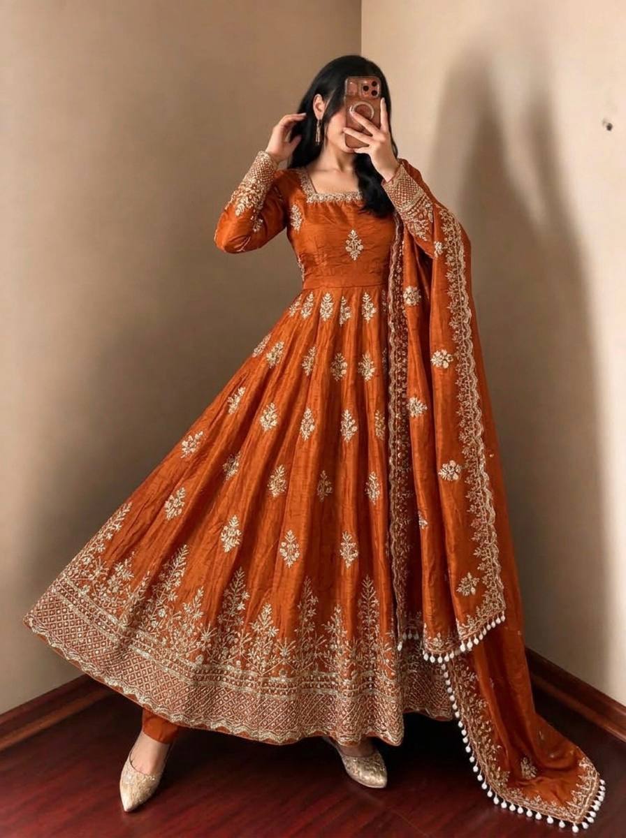 Rust Orange Fendy Silk Embroidered Anarkali Gown Set with Dupatta