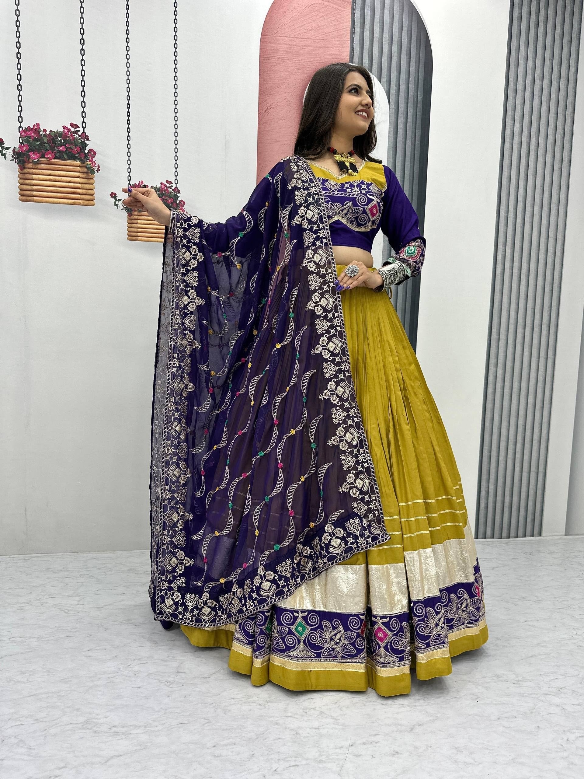 Mustard Yellow & Royal Purple Pure Cotton Navratri Lehenga Choli with Embroidered Dupatta