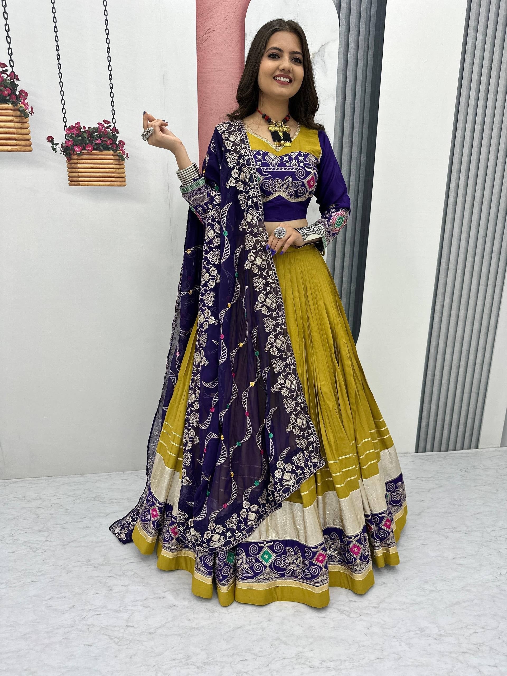 Mustard Yellow & Royal Purple Pure Cotton Navratri Lehenga Choli with Embroidered Dupatta