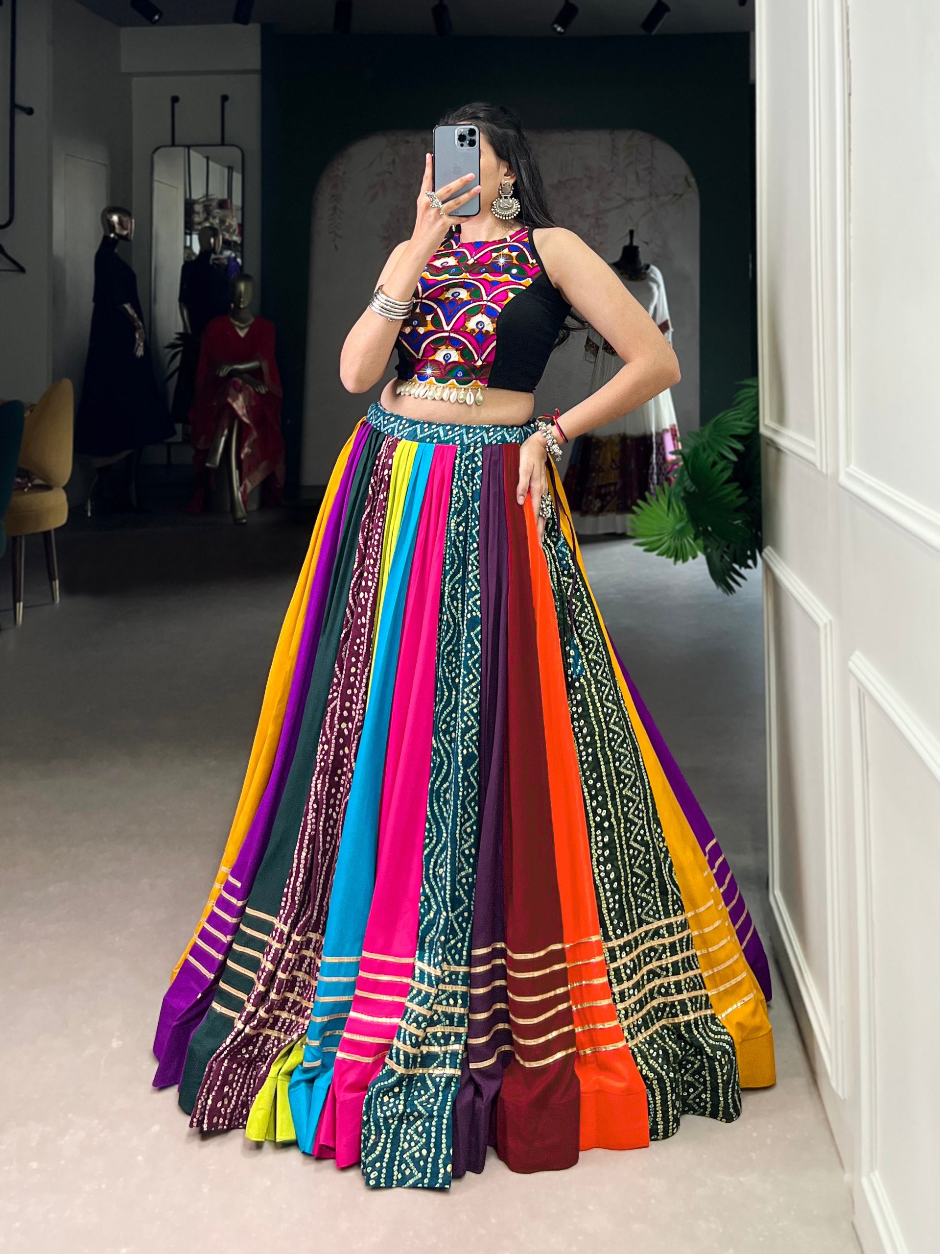 Navrang Multicolor Pure Rayon Navratri Lehenga Choli with Mirror Work Blouse
