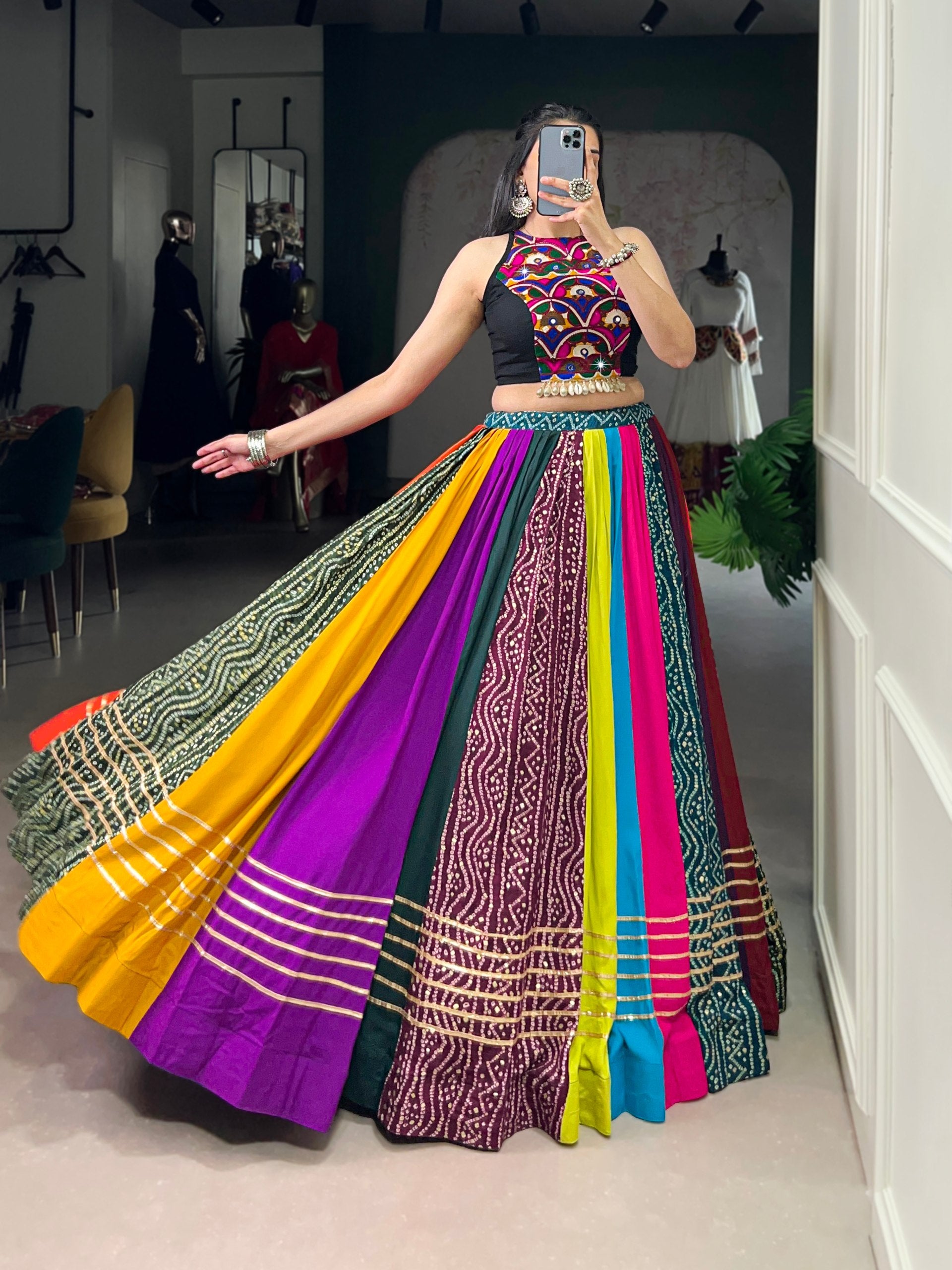 Navrang Multicolor Pure Rayon Navratri Lehenga Choli with Mirror Work Blouse