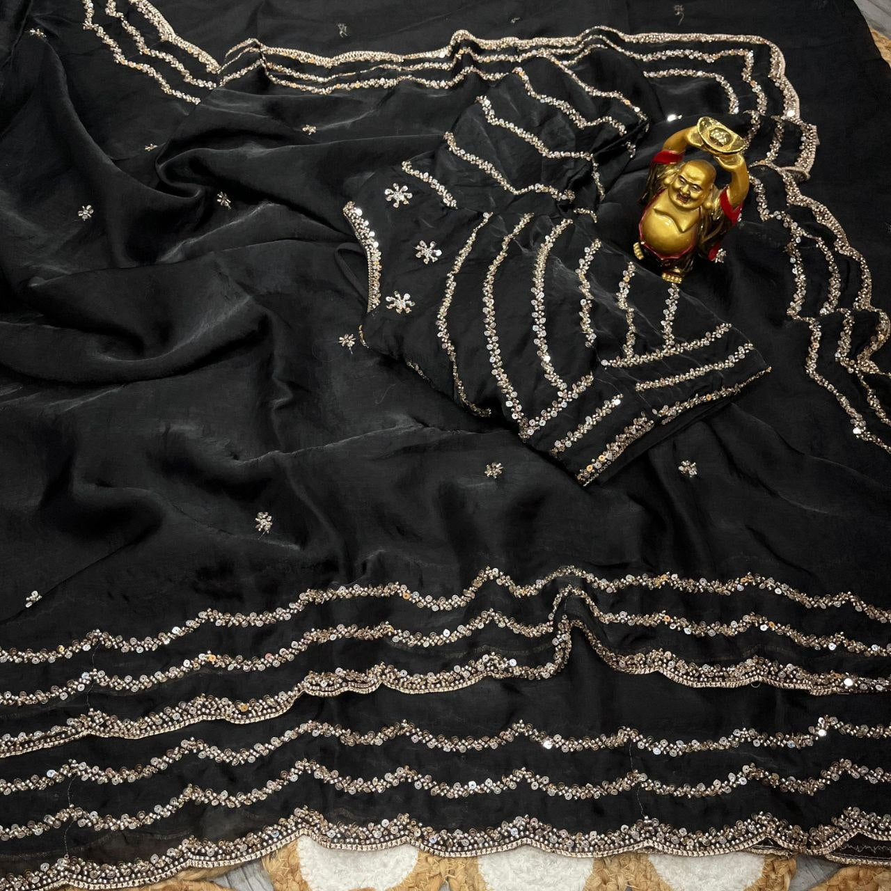 Black Pure Space Silk Saree with Original Gold Beads Handwork & Sequins Blouse | Party Wear