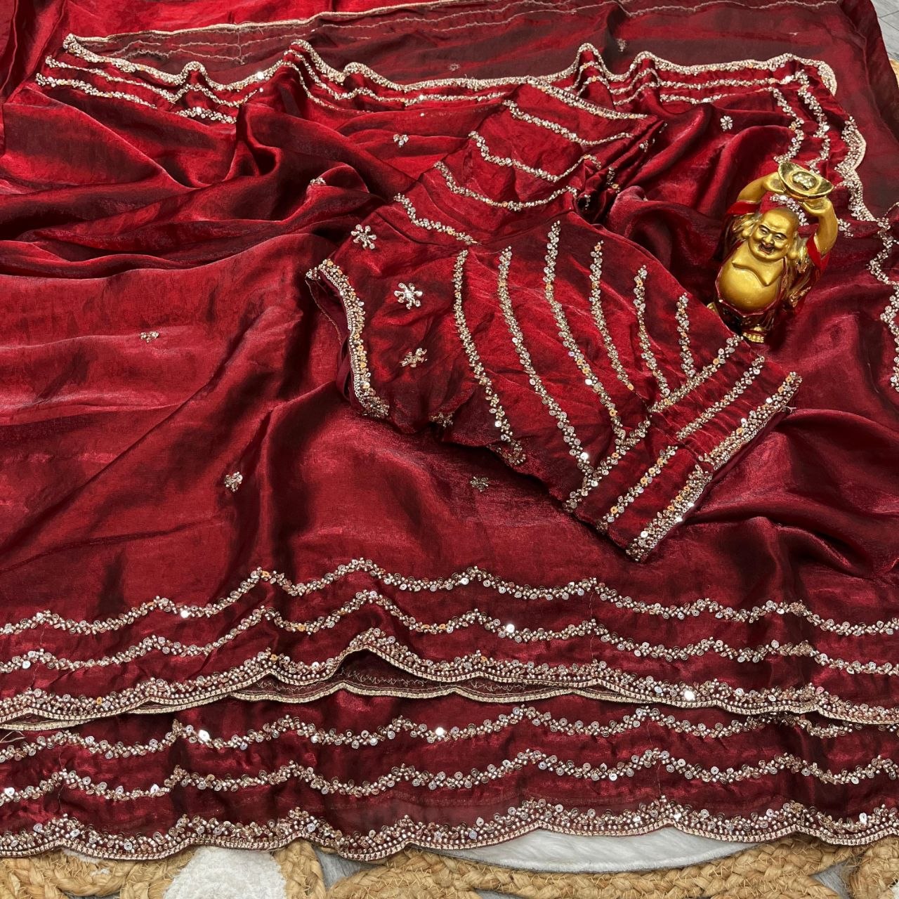 Ruby Red Pure Space Silk Saree with Original Gold Beads Handwork & Sequins Blouse | Party WearRuby Red Pure Space Silk Saree with Original Gold Beads Handwork & Sequins Blouse | Party Wear